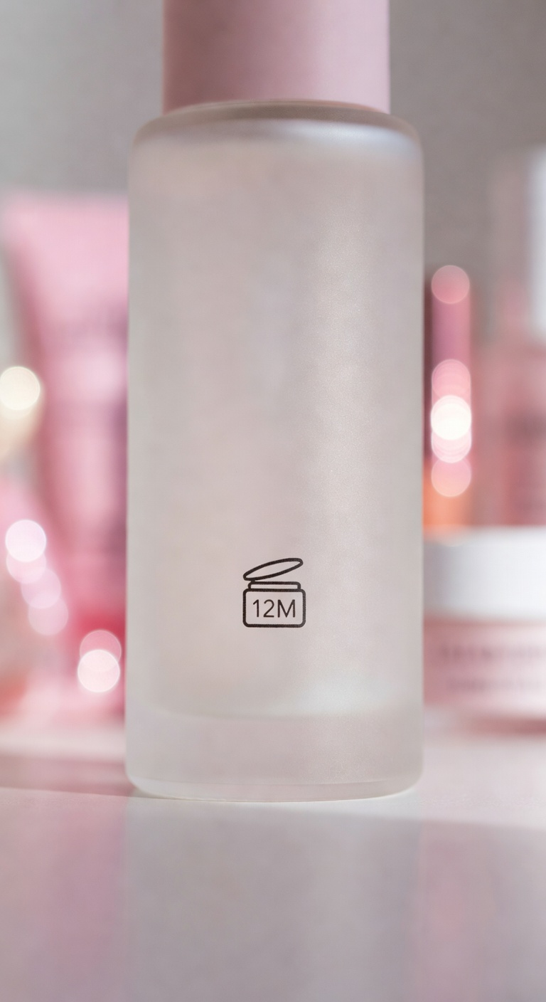Close-up of the PAO 12M symbol on a frosted glass beauty product